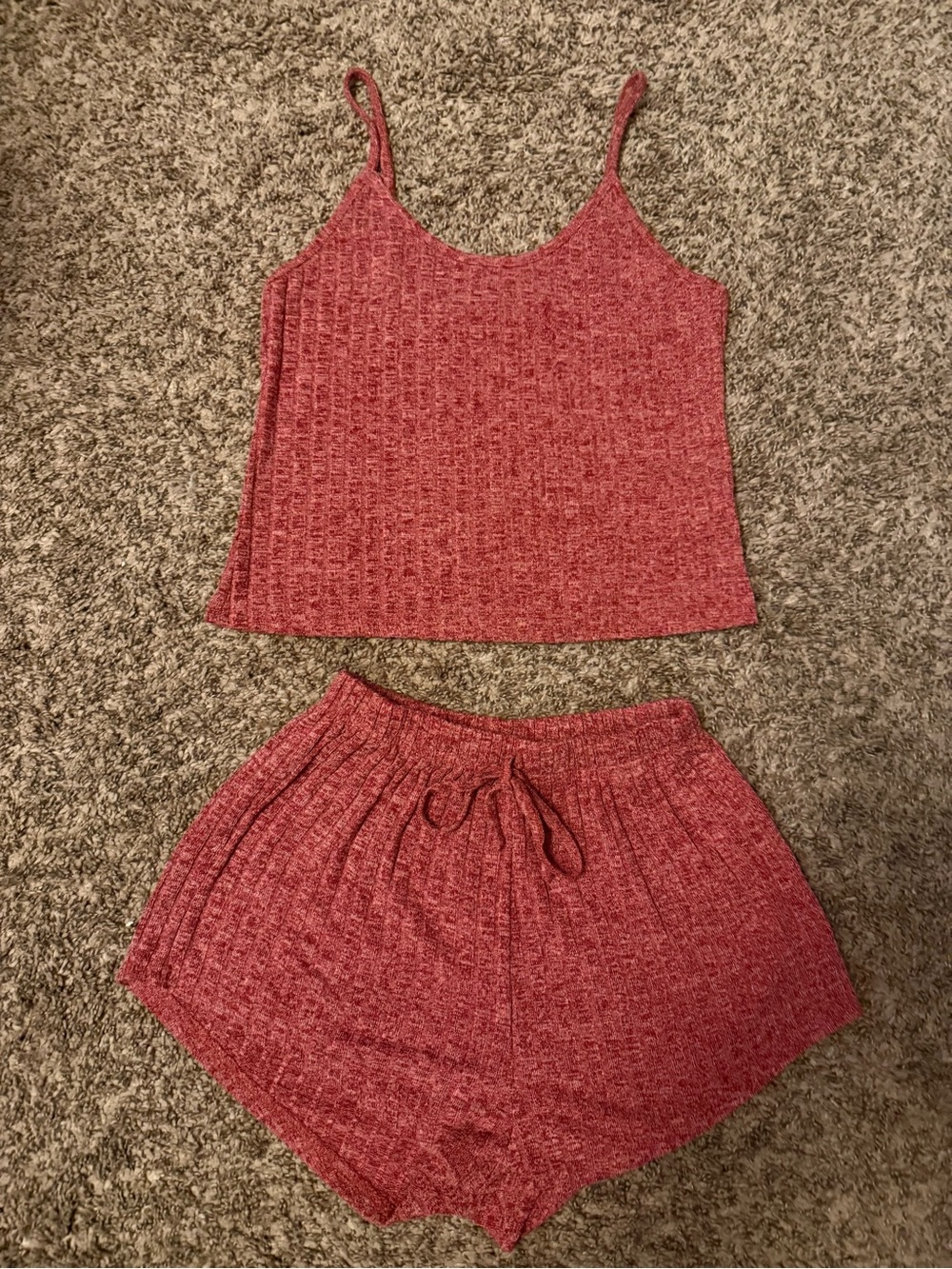 Heather Red Ribbed Cami & Drawstring Shorts Sleep Set